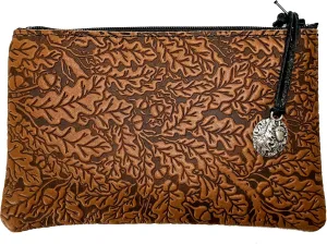 Leather 6 Inch Zipper Pouch, Wallet, Coin Purse, Hand Made in the USA by Oberon Design, Oak Leaves
