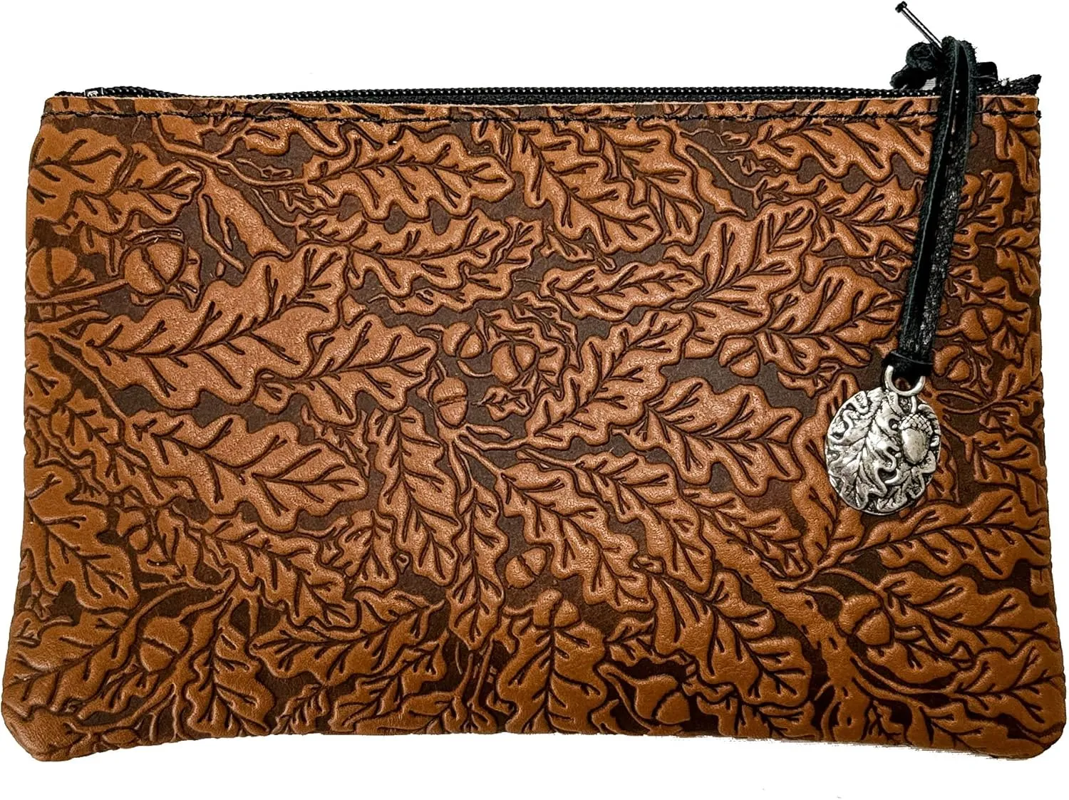 Leather 6 Inch Zipper Pouch, Wallet, Coin Purse, Hand Made in the USA by Oberon Design, Oak Leaves