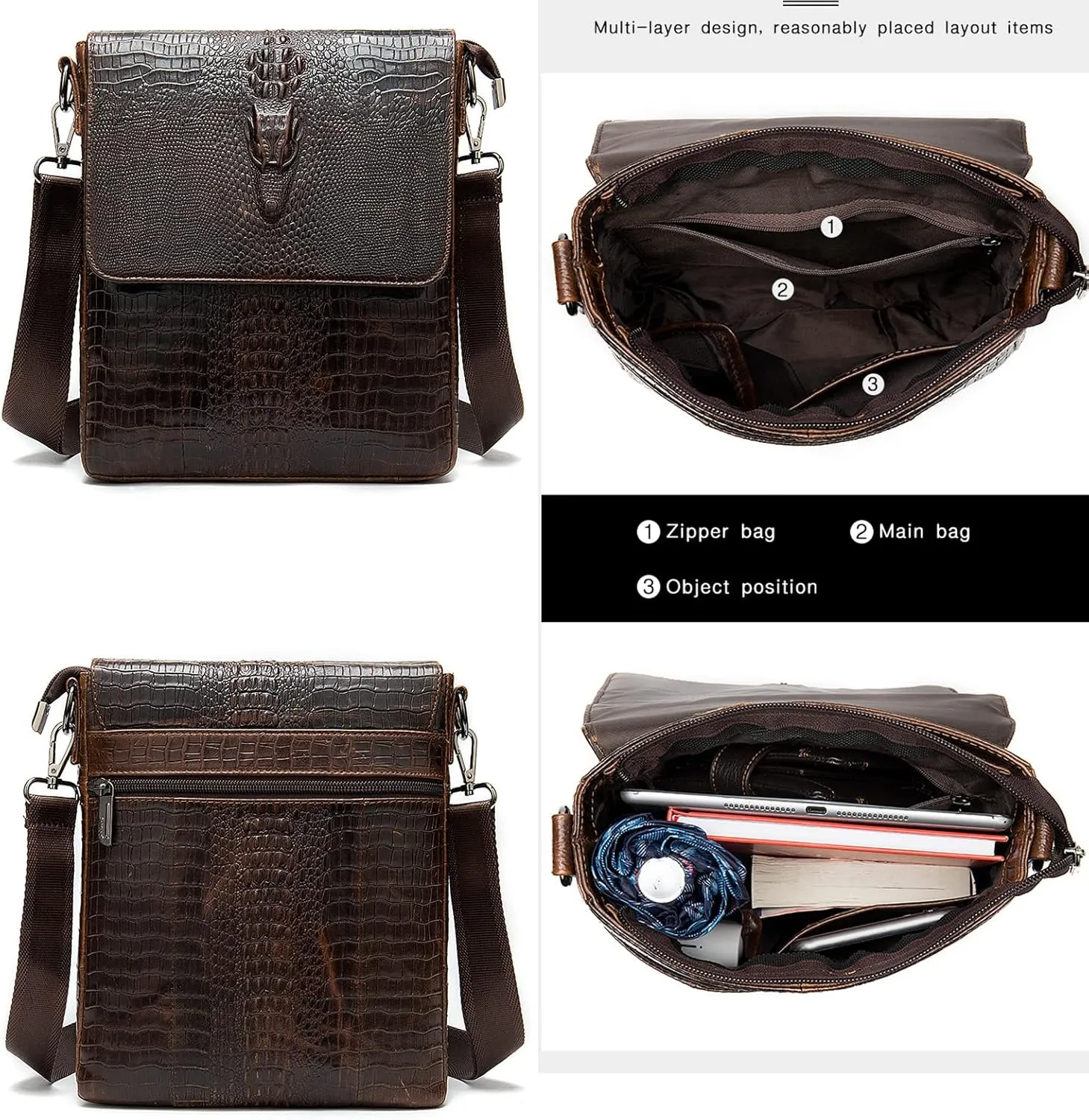 Leather Messenger Sling Crossbody Shoulder Bag for Men Travel Work Business Magnetic Buckle Adjustable straps
