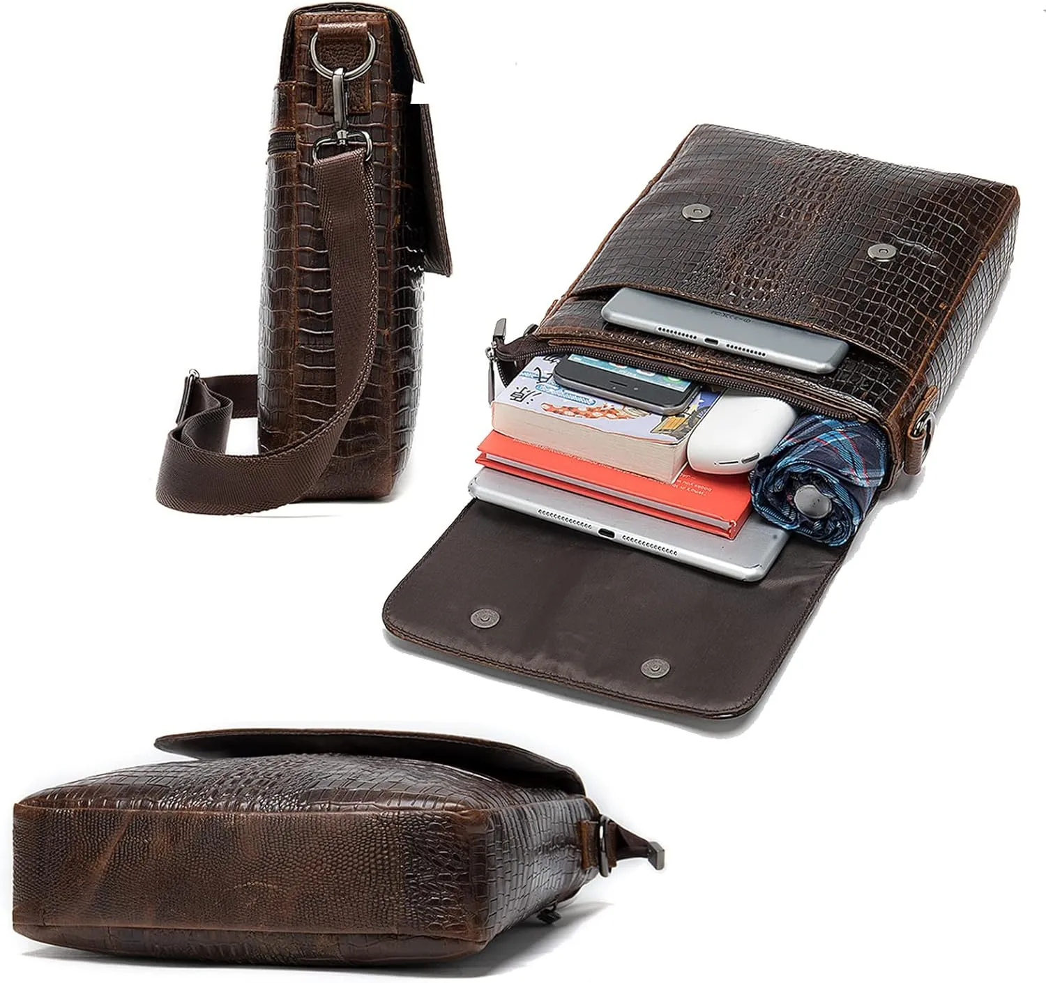 Leather Messenger Sling Crossbody Shoulder Bag for Men Travel Work Business Magnetic Buckle Adjustable straps