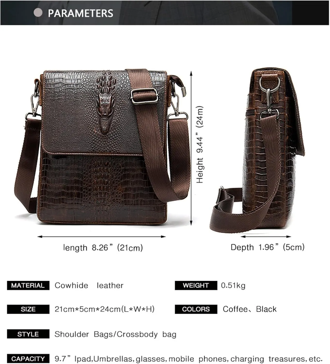 Leather Messenger Sling Crossbody Shoulder Bag for Men Travel Work Business Magnetic Buckle Adjustable straps