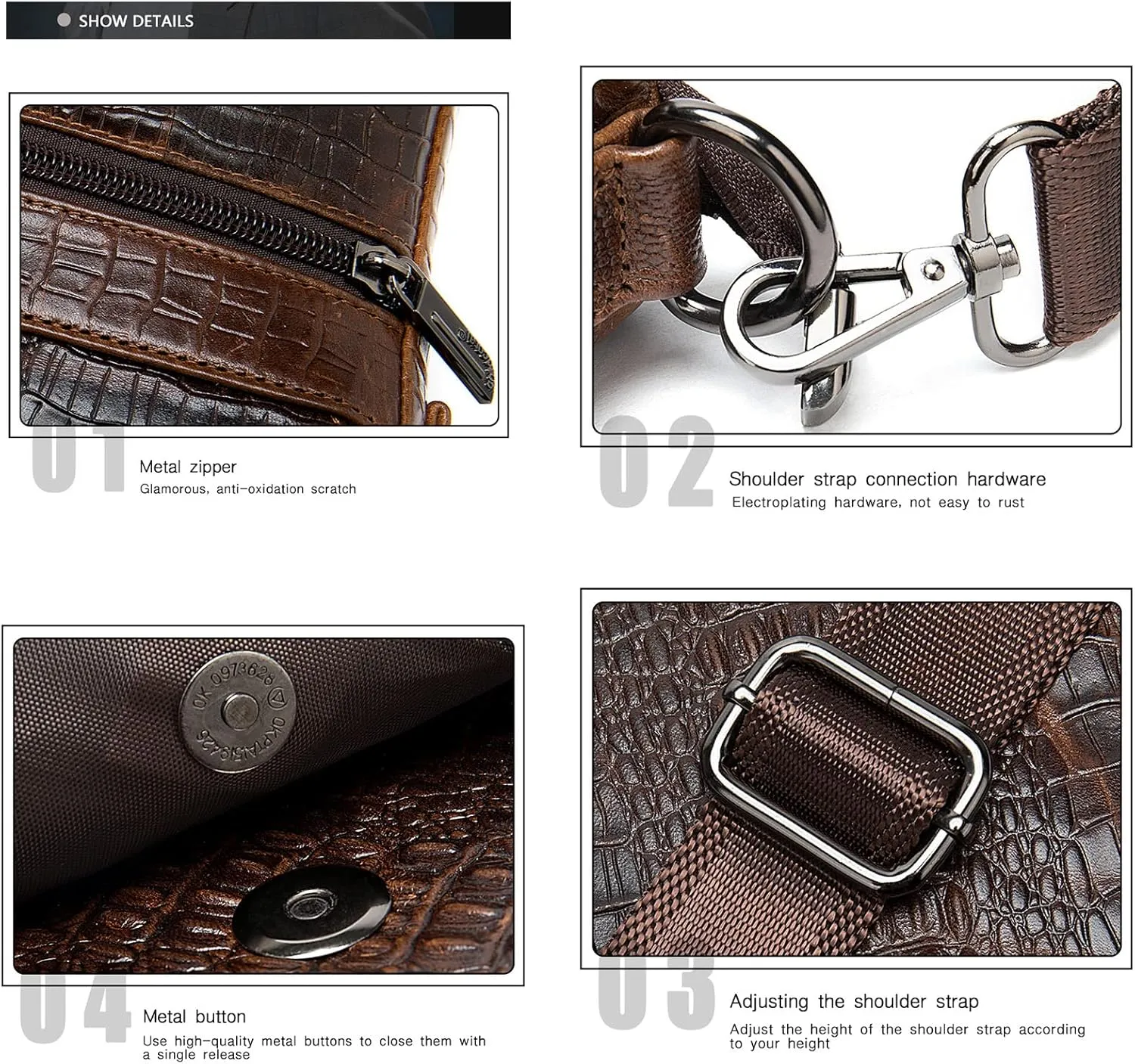 Leather Messenger Sling Crossbody Shoulder Bag for Men Travel Work Business Magnetic Buckle Adjustable straps