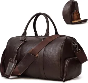 Leather Travel Bag for Men Large Capacity Luggage Duffel Bag with Shoe Compartment, Weekend Handbag for Holiday Business Trip 45cm, Brown