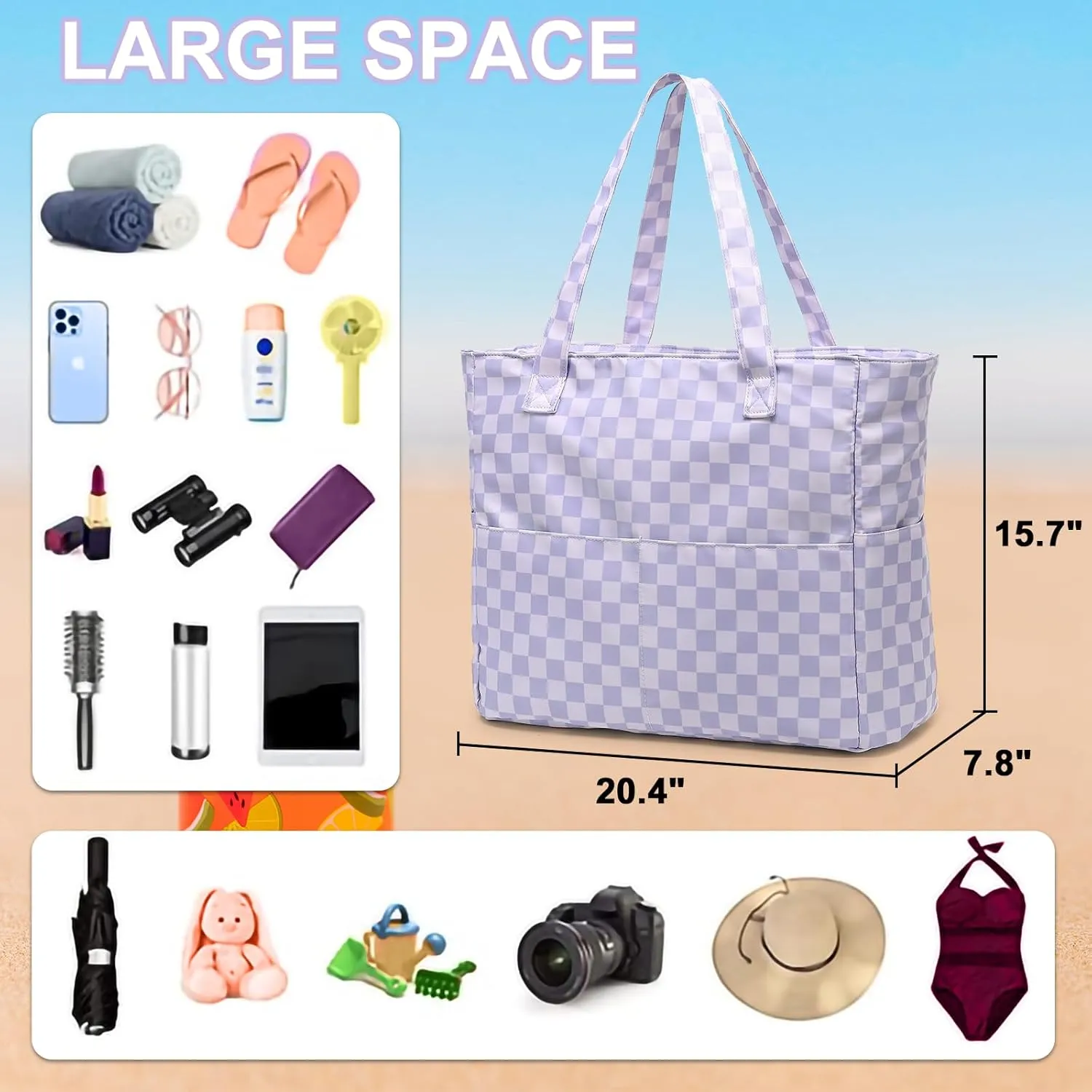 LEDAOU Large Beach Tote Bag Women Waterproof Sandproof Zipper Beach Tote Bag for Pool Gym Grocery Travel with Wet Pocket