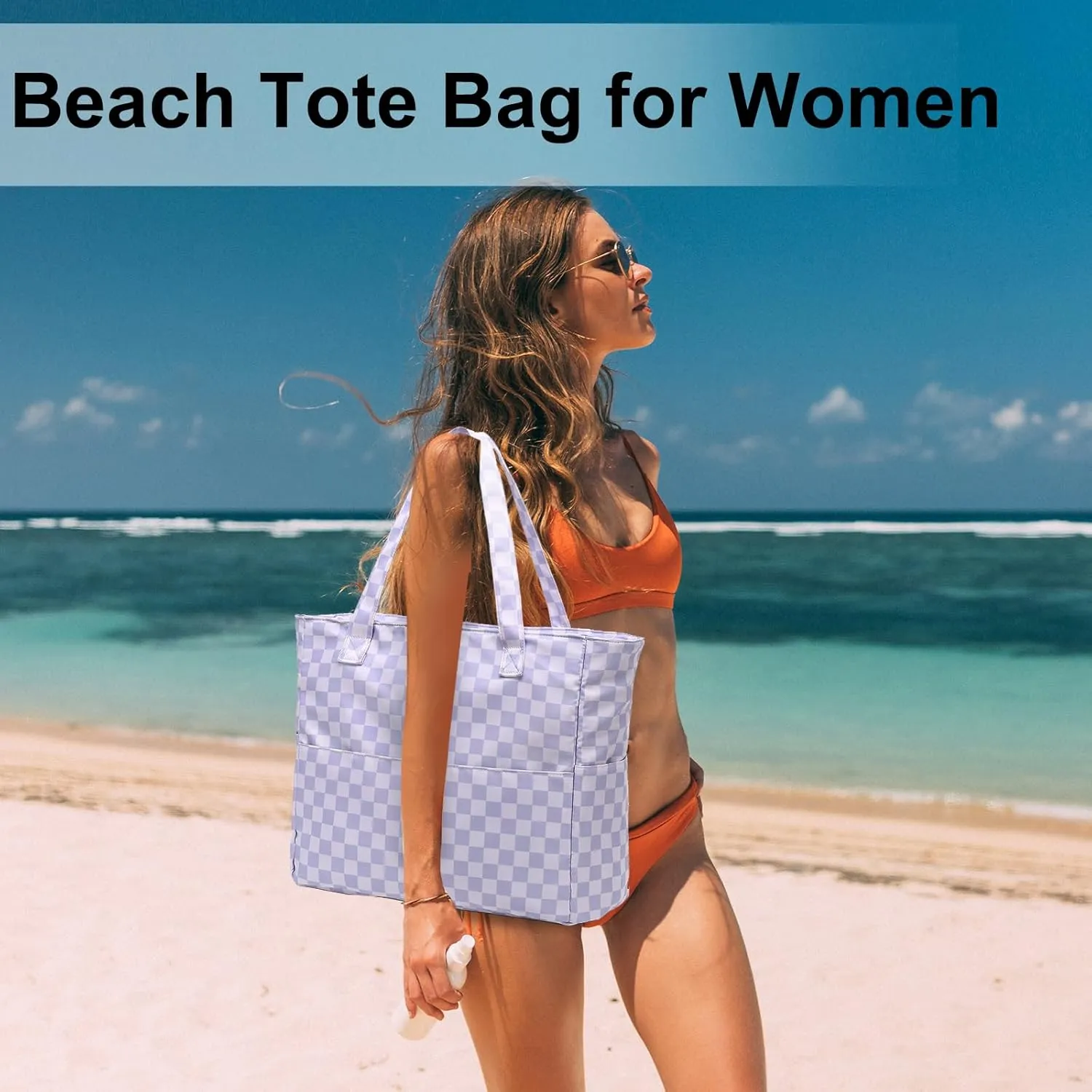 LEDAOU Large Beach Tote Bag Women Waterproof Sandproof Zipper Beach Tote Bag for Pool Gym Grocery Travel with Wet Pocket