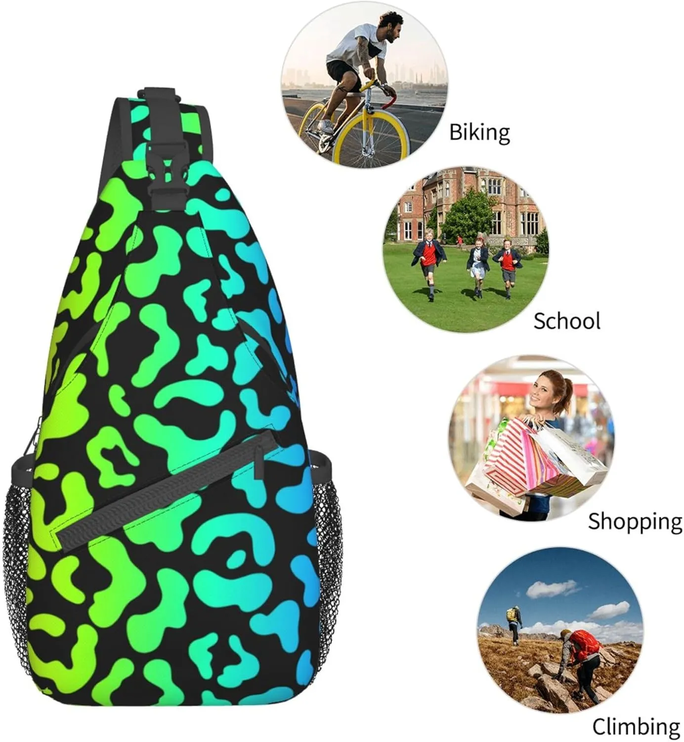 Leopard Cheetah Print Rainbow black Small Crossbody Sling Backpack Anti Theft Backpack For Traveling Chest Shoulder Bag
