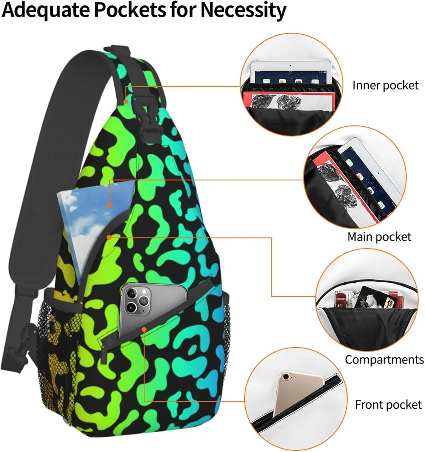 Leopard Cheetah Print Rainbow black Small Crossbody Sling Backpack Anti Theft Backpack For Traveling Chest Shoulder Bag