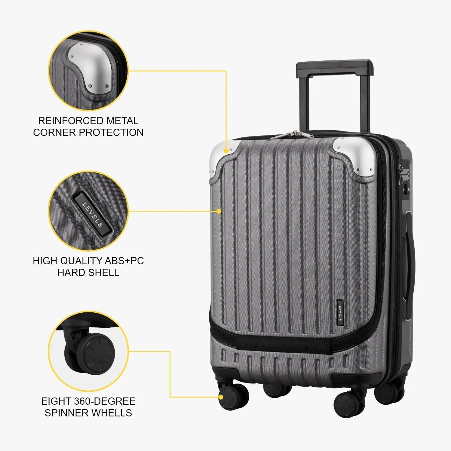 LEVEL8 Grace Carry On Luggage, 20 Inch Hardside Suitcase, Abs Pc Harshell Spinner Luggage with Tsa Lock, Spinner Wheels, Grey, 20-Inch Carry-On