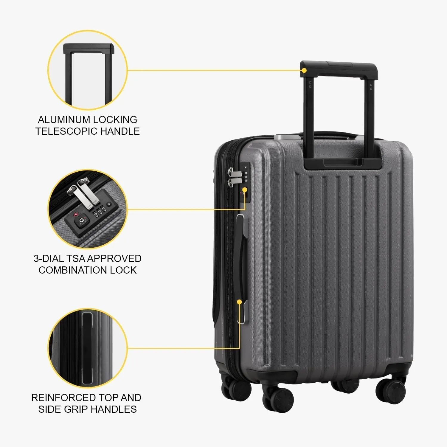 LEVEL8 Grace Carry On Luggage, 20 Inch Hardside Suitcase, Abs Pc Harshell Spinner Luggage with Tsa Lock, Spinner Wheels, Grey, 20-Inch Carry-On