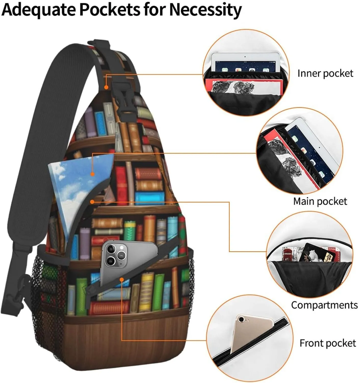 Library Crossbody Bag Books Shoulder Bag Funny Backpack Sling Bag Chest Casual Daypack for Outdoor