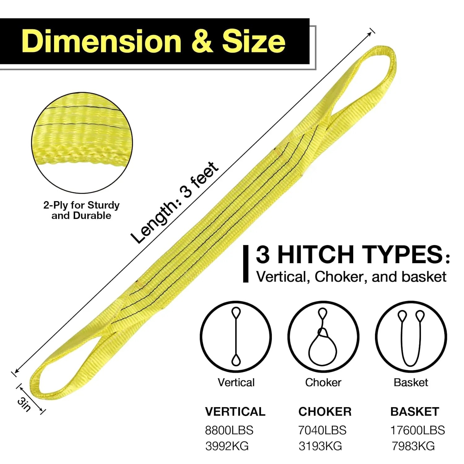 Lift Sling Straps,3" x 3' 2-Ply Heavy Duty Flat Eye Lift Sling,Twist Eye Polyester Lifting Straps Not Nylon Tree Saver Recovery Strap Web Rigging Securing Moving Tow Hoisting Gear Strap 17600lb