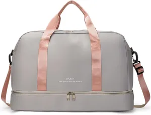 Light Sports Travel Duffle Bag with with Shoe Compartment & Wet Pocket, Large Capacity Gym Bag for Women, Lady Weekender Overnight Aircraft Bag, Travel, Gym, Yoga（Grey）