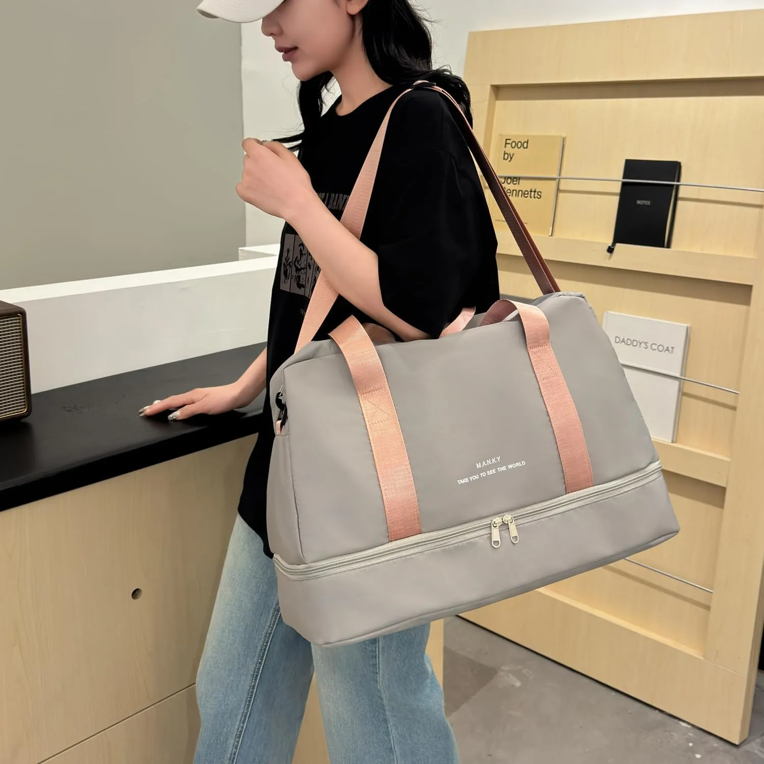 Light Sports Travel Duffle Bag with with Shoe Compartment & Wet Pocket, Large Capacity Gym Bag for Women, Lady Weekender Overnight Aircraft Bag, Travel, Gym, Yoga（Grey）