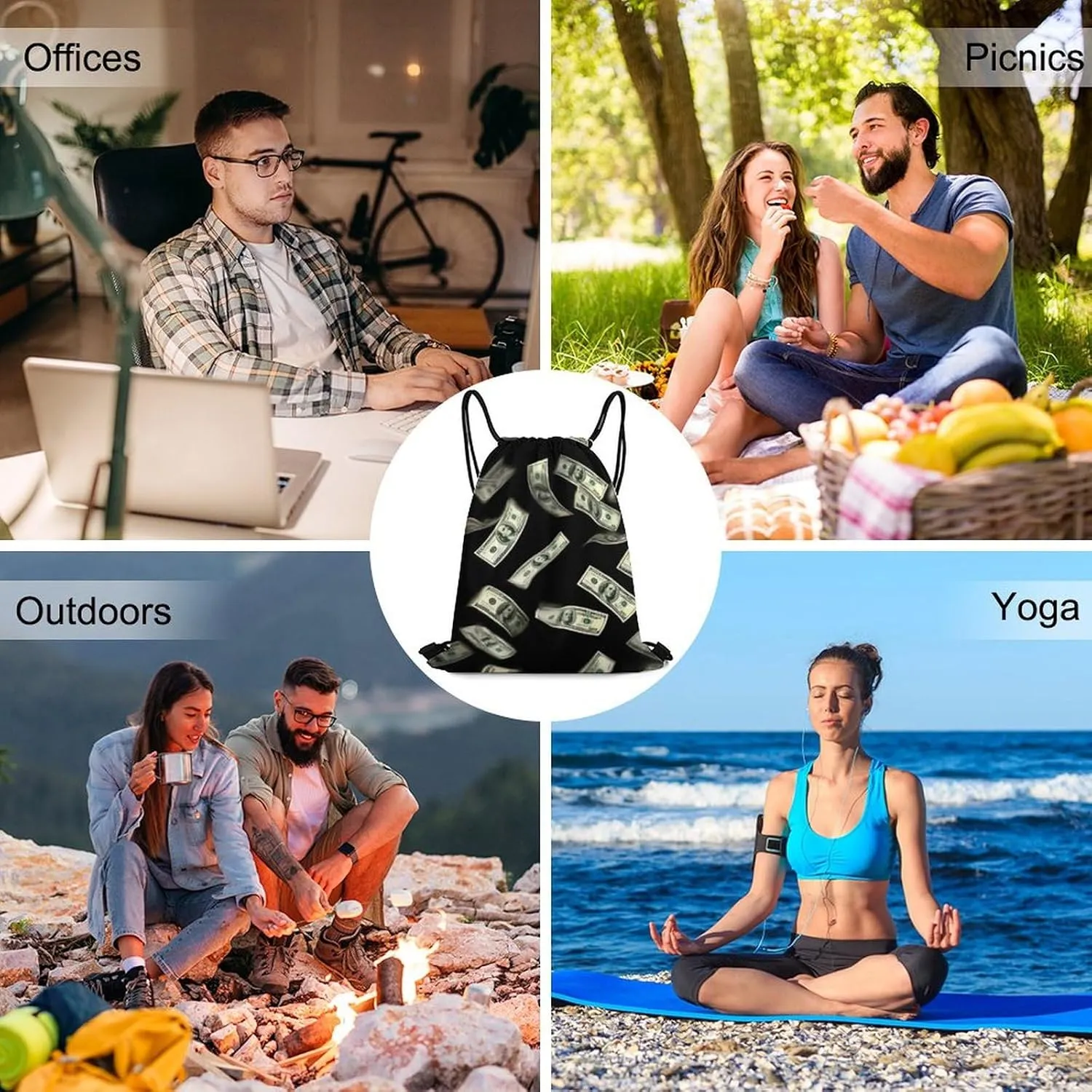 Lightweight Falling Money American Bill Dollars Drawstring Bag, Durable Women and men Waterproof Large Capacity Backpack Shopping Storage Pouch with Sturdy Strap