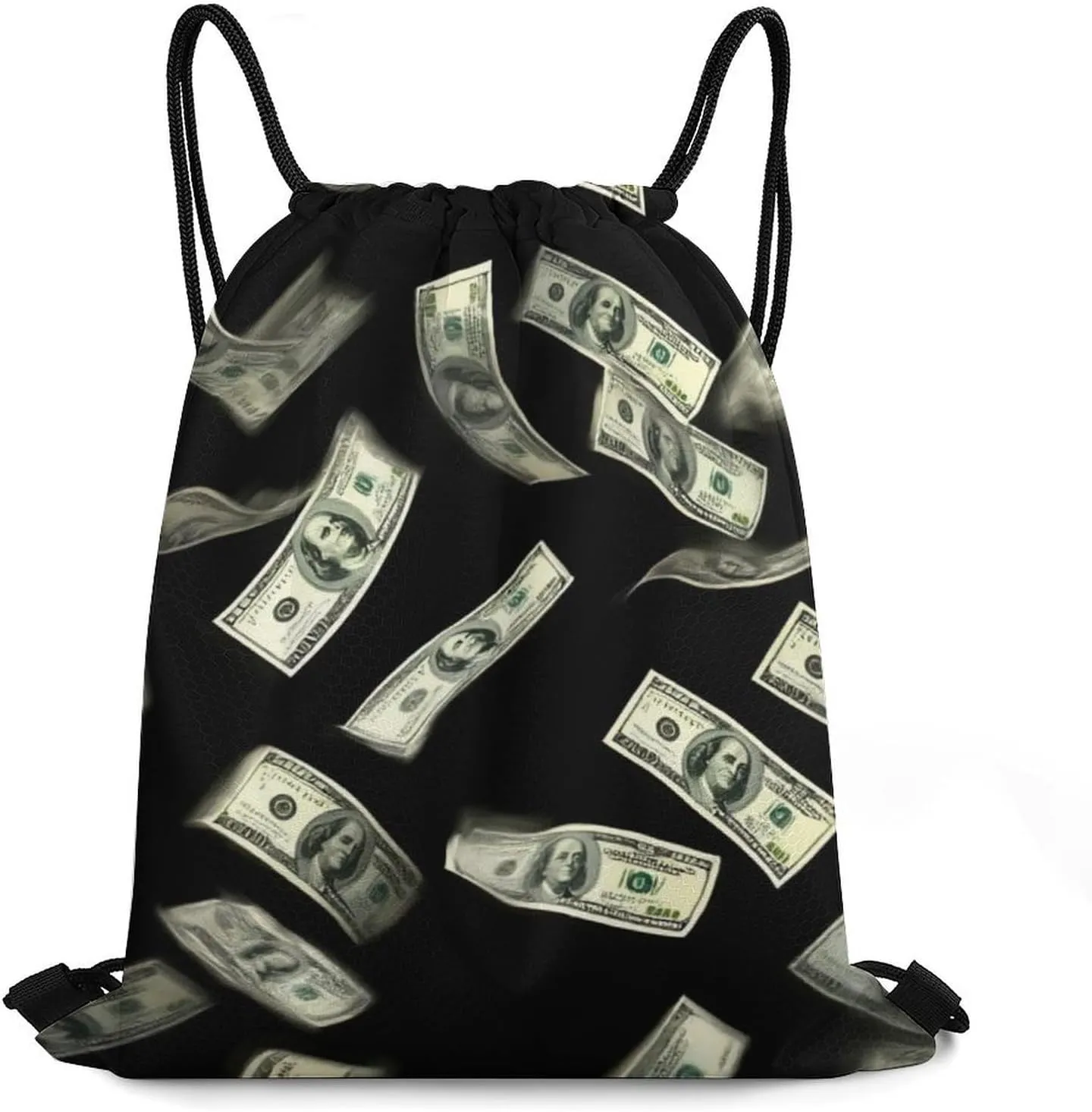 Lightweight Falling Money American Bill Dollars Drawstring Bag, Durable Women and men Waterproof Large Capacity Backpack Shopping Storage Pouch with Sturdy Strap