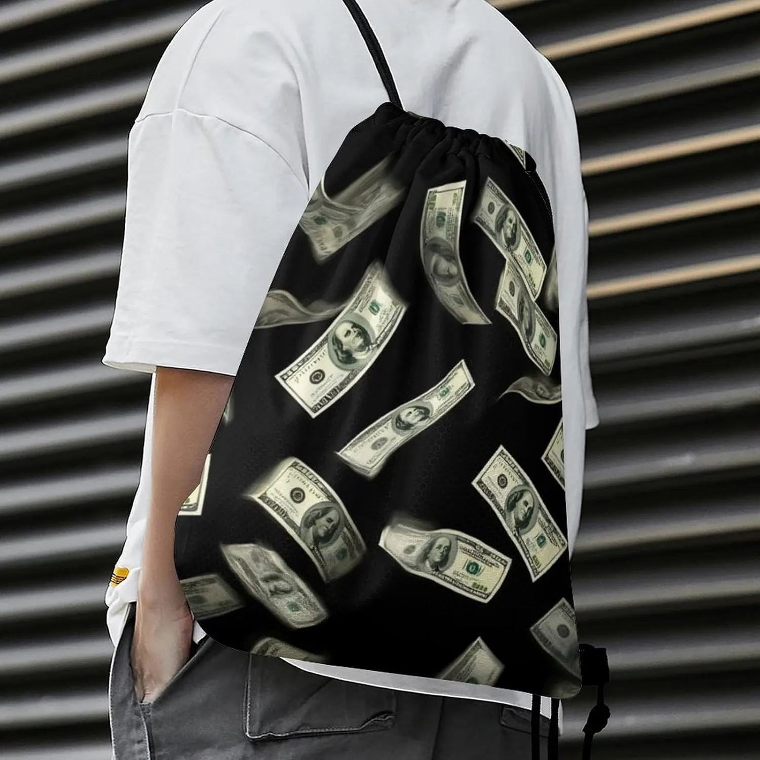 Lightweight Falling Money American Bill Dollars Drawstring Bag, Durable Women and men Waterproof Large Capacity Backpack Shopping Storage Pouch with Sturdy Strap