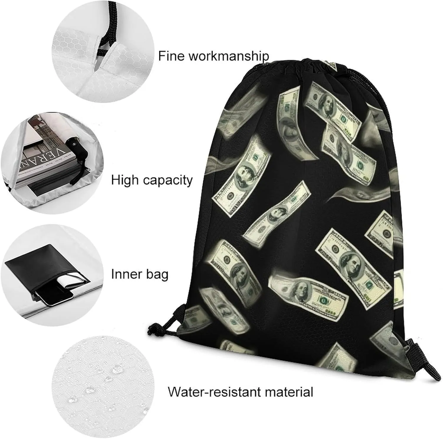 Lightweight Falling Money American Bill Dollars Drawstring Bag, Durable Women and men Waterproof Large Capacity Backpack Shopping Storage Pouch with Sturdy Strap