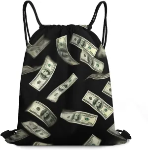 Lightweight Falling Money American Bill Dollars Drawstring Bag, Durable Women and men Waterproof Large Capacity Backpack Shopping Storage Pouch with Sturdy Strap