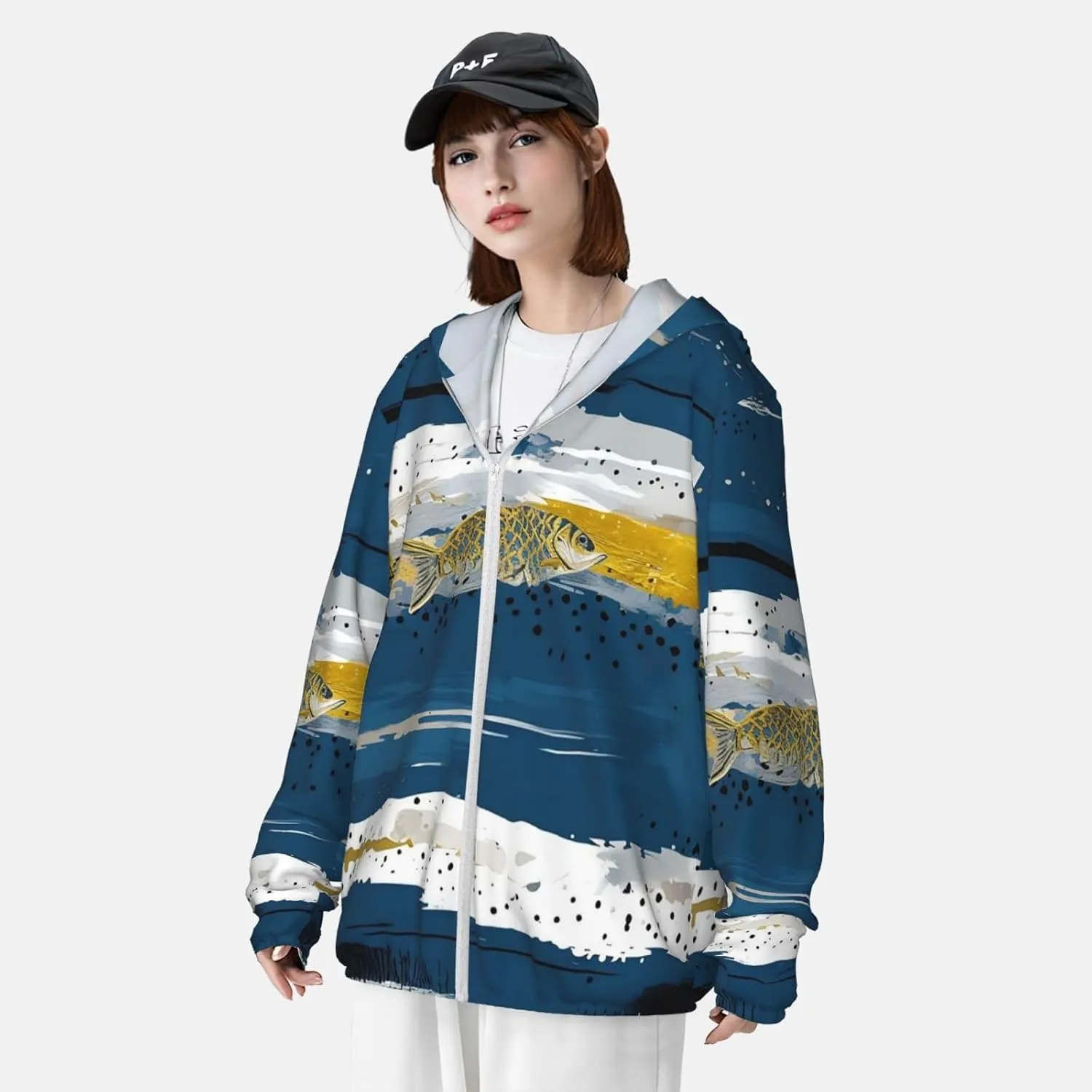 Lightweight UV Protection Sun Jacket, Abstract Fish & Stripes Print Sportswear Hooded Sunblock Shirt for Outdoor