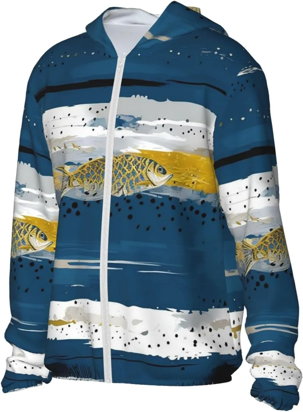 Lightweight UV Protection Sun Jacket, Abstract Fish & Stripes Print Sportswear Hooded Sunblock Shirt for Outdoor