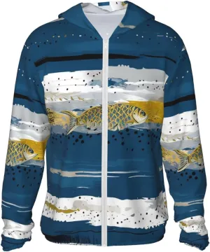 Lightweight UV Protection Sun Jacket, Abstract Fish & Stripes Print Sportswear Hooded Sunblock Shirt for Outdoor