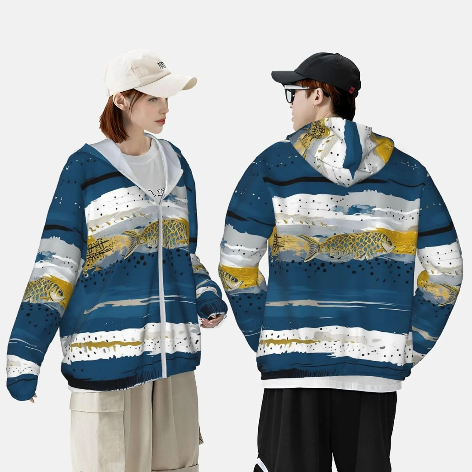 Lightweight UV Protection Sun Jacket, Abstract Fish & Stripes Print Sportswear Hooded Sunblock Shirt for Outdoor