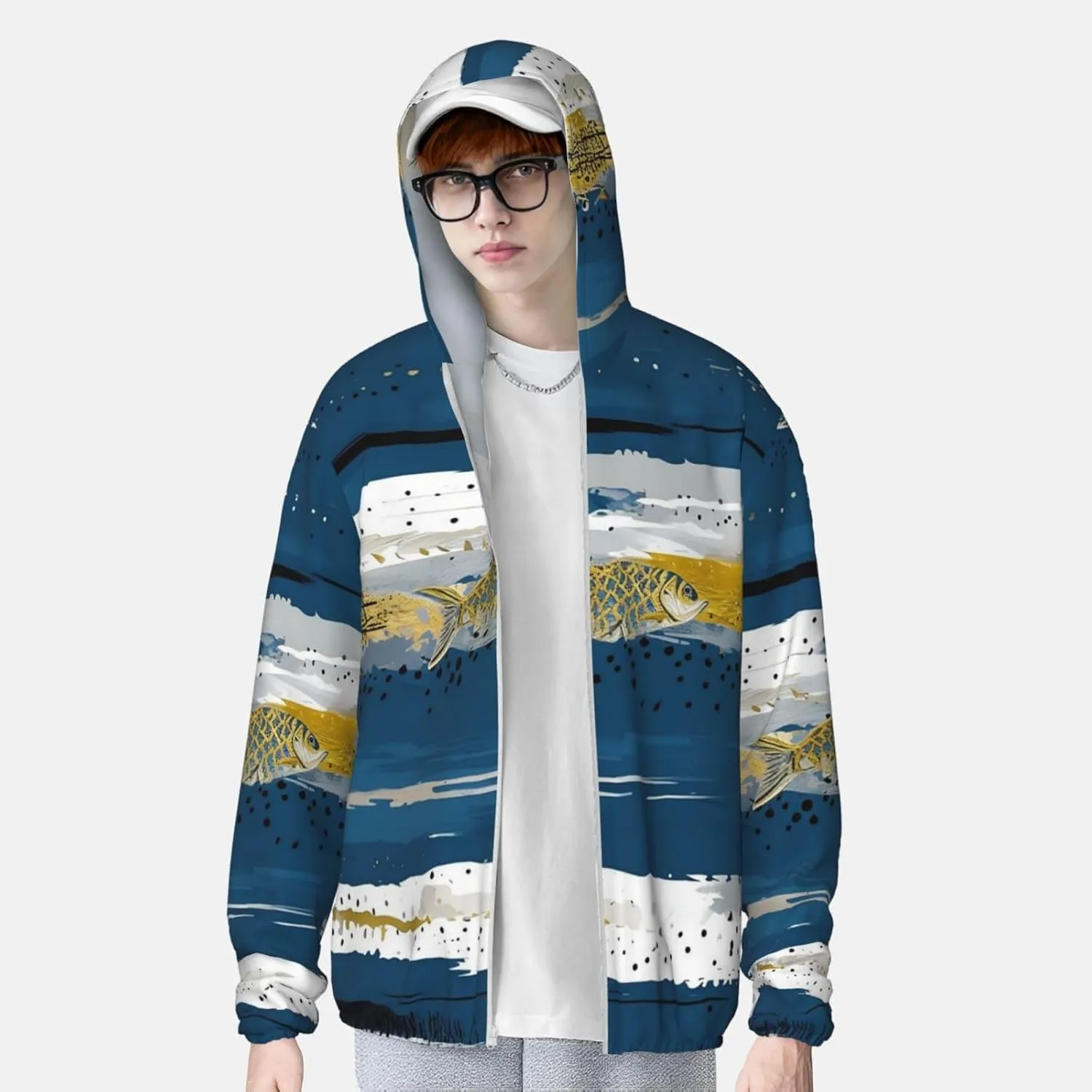 Lightweight UV Protection Sun Jacket, Abstract Fish & Stripes Print Sportswear Hooded Sunblock Shirt for Outdoor