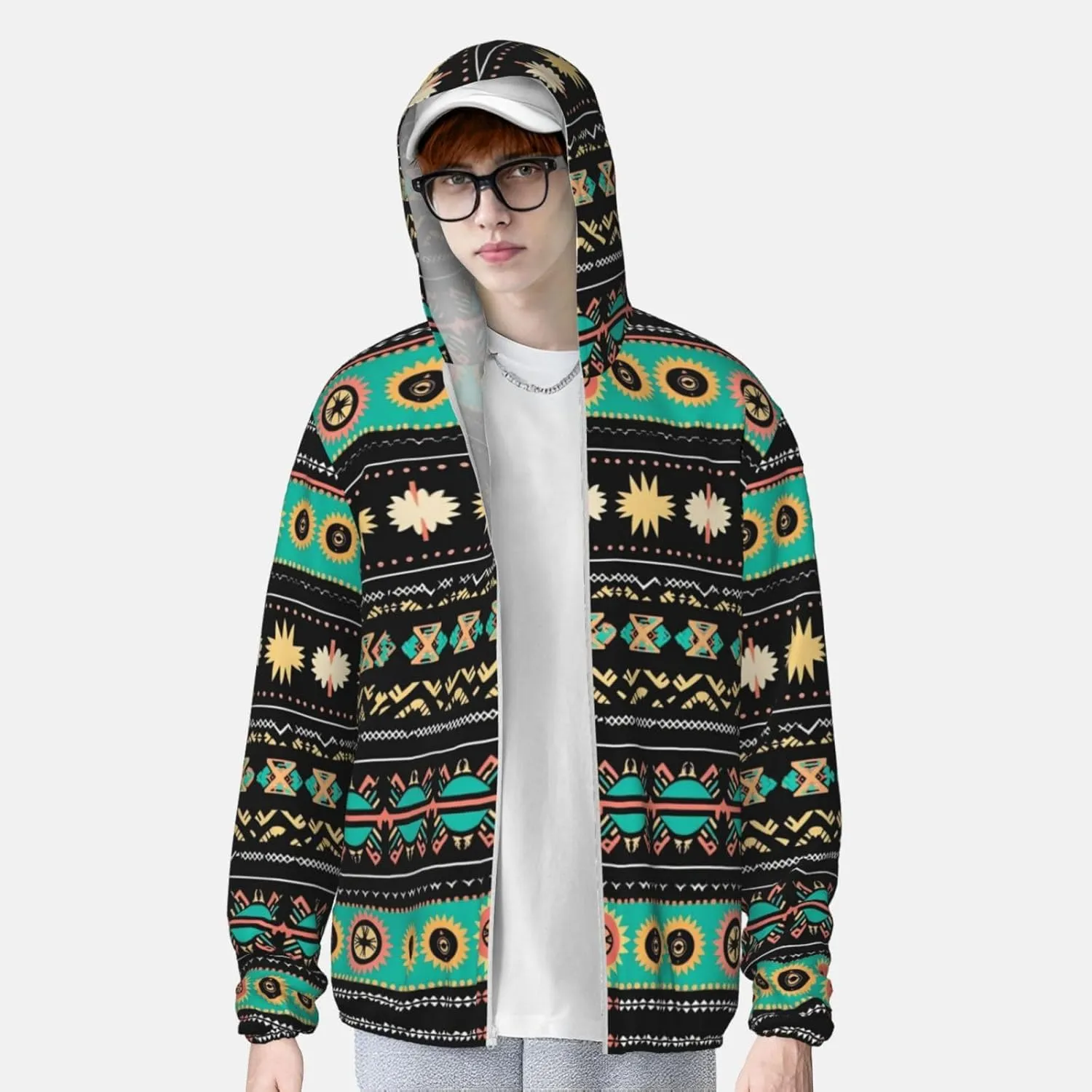 Lightweight UV Protection Sun Jacket, Ethnic Geome Pattern Print Sportswear Hooded Sunblock Shirt for Outdoor