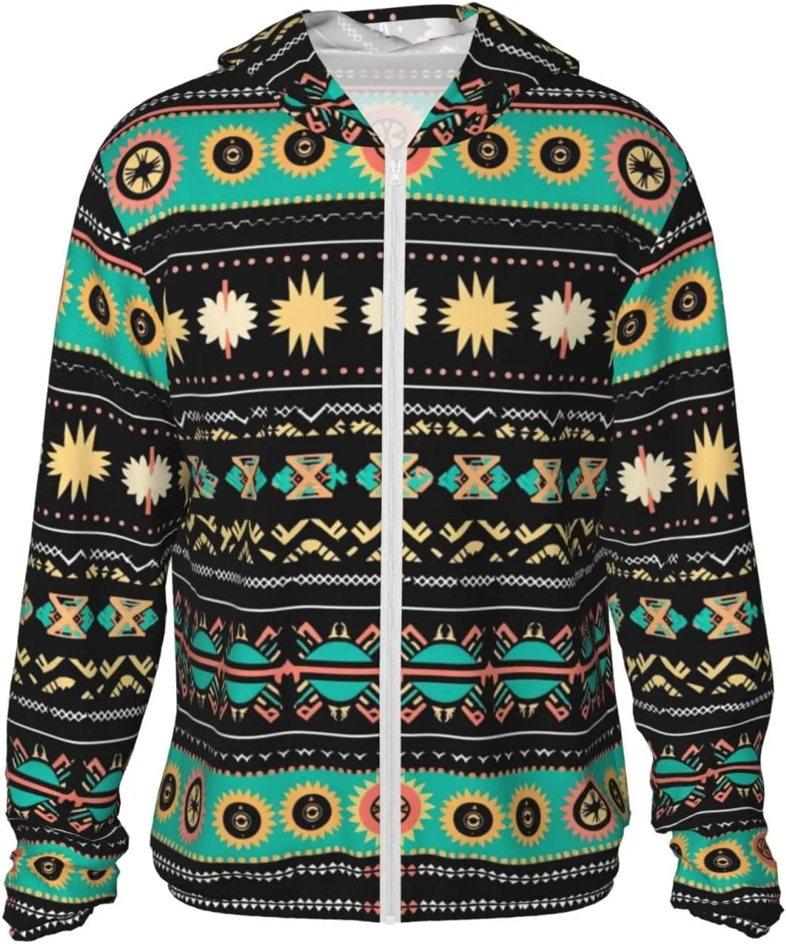 Lightweight UV Protection Sun Jacket, Ethnic Geome Pattern Print Sportswear Hooded Sunblock Shirt for Outdoor