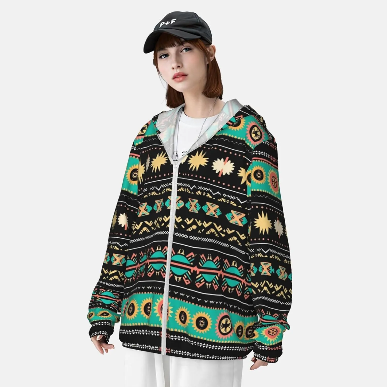 Lightweight UV Protection Sun Jacket, Ethnic Geome Pattern Print Sportswear Hooded Sunblock Shirt for Outdoor