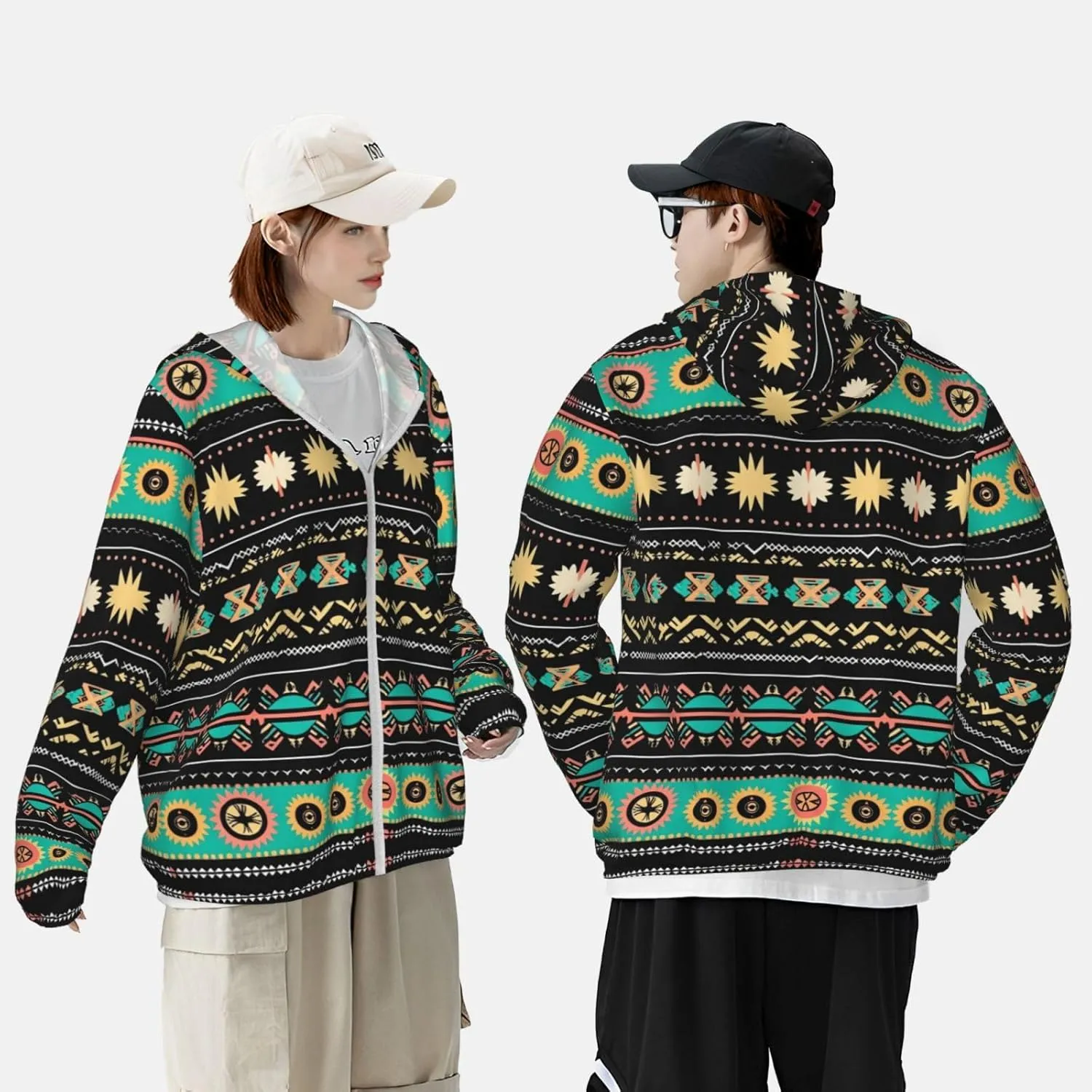 Lightweight UV Protection Sun Jacket, Ethnic Geome Pattern Print Sportswear Hooded Sunblock Shirt for Outdoor