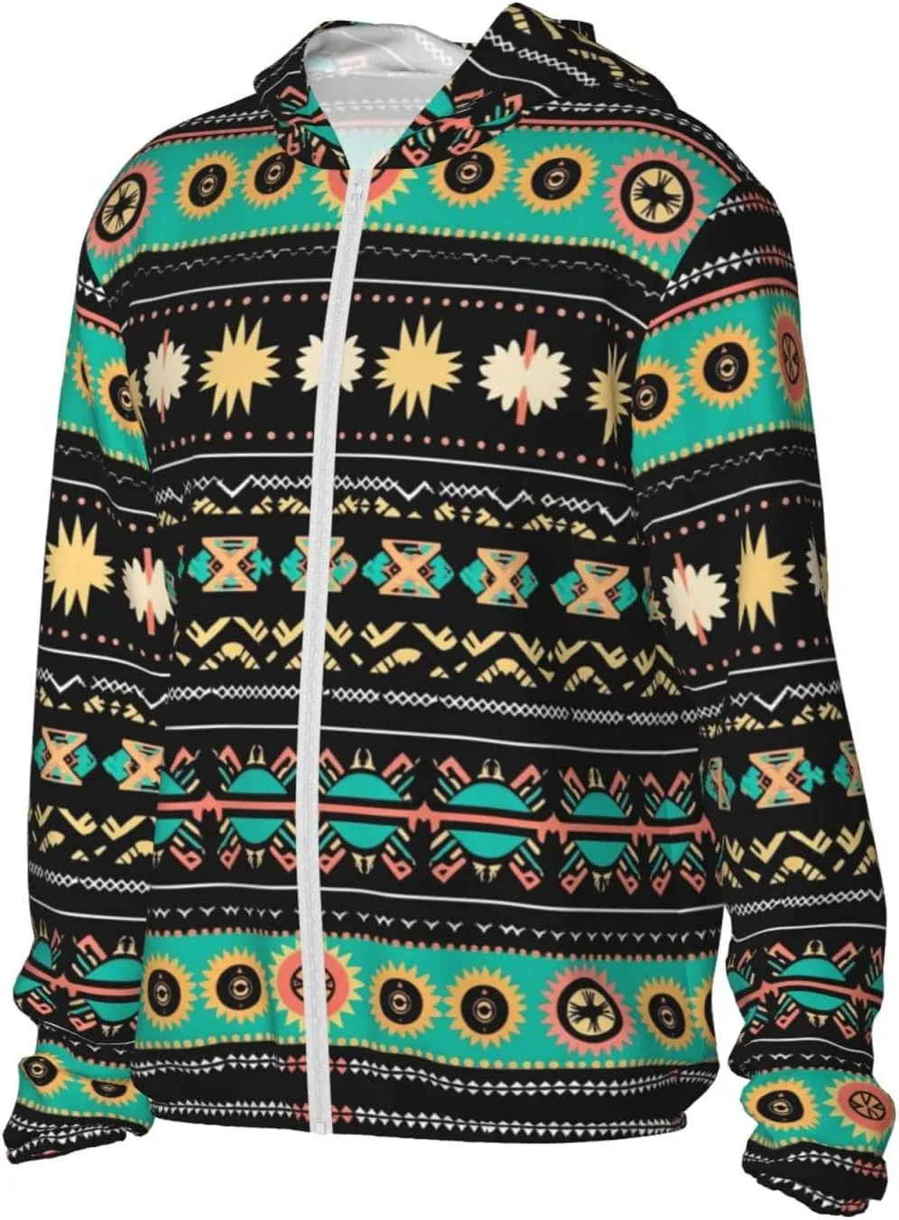 Lightweight UV Protection Sun Jacket, Ethnic Geome Pattern Print Sportswear Hooded Sunblock Shirt for Outdoor