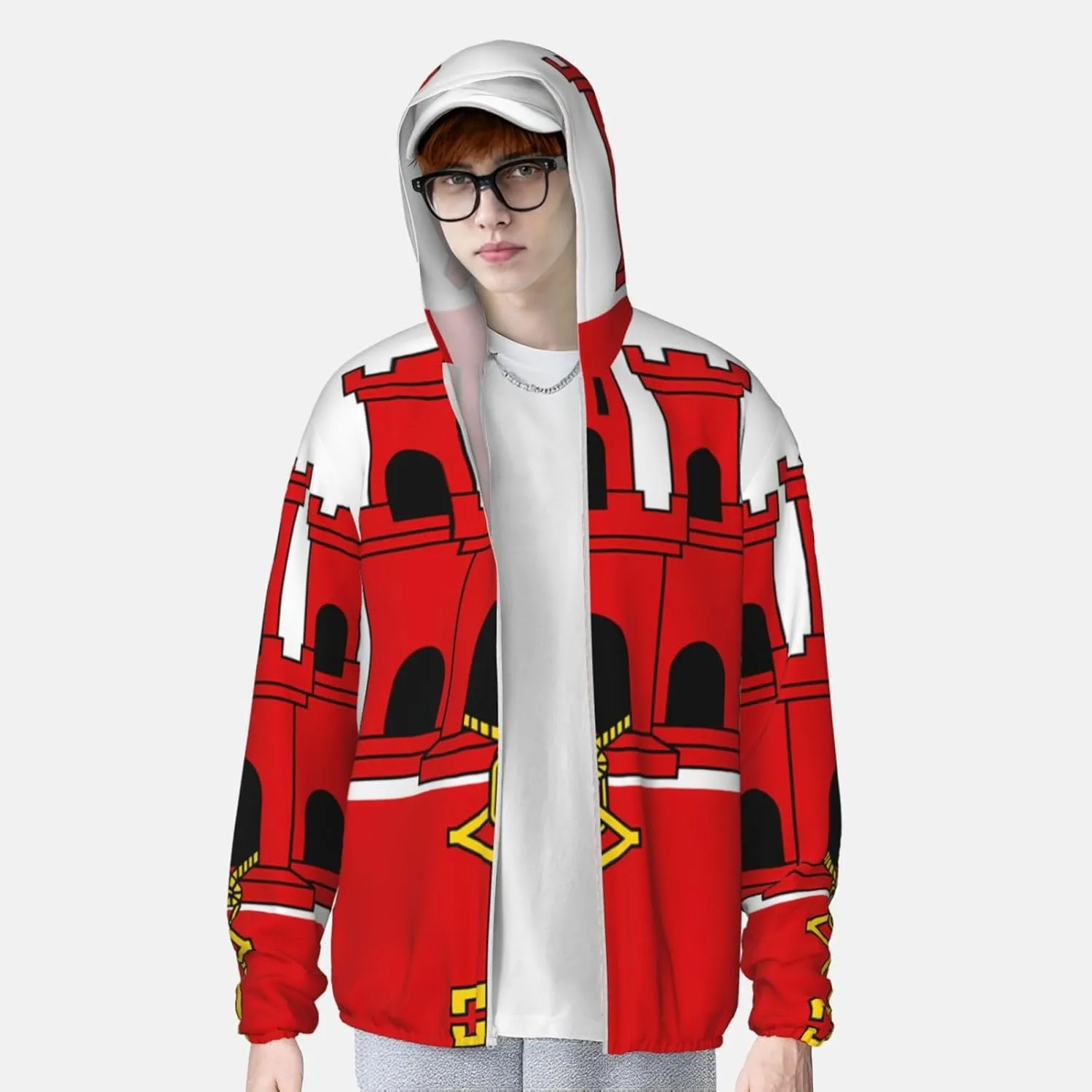 Lightweight UV Protection Sun Jacket, Flag of Gibraltar Print Sportswear Hooded Sunblock Shirt for Outdoor