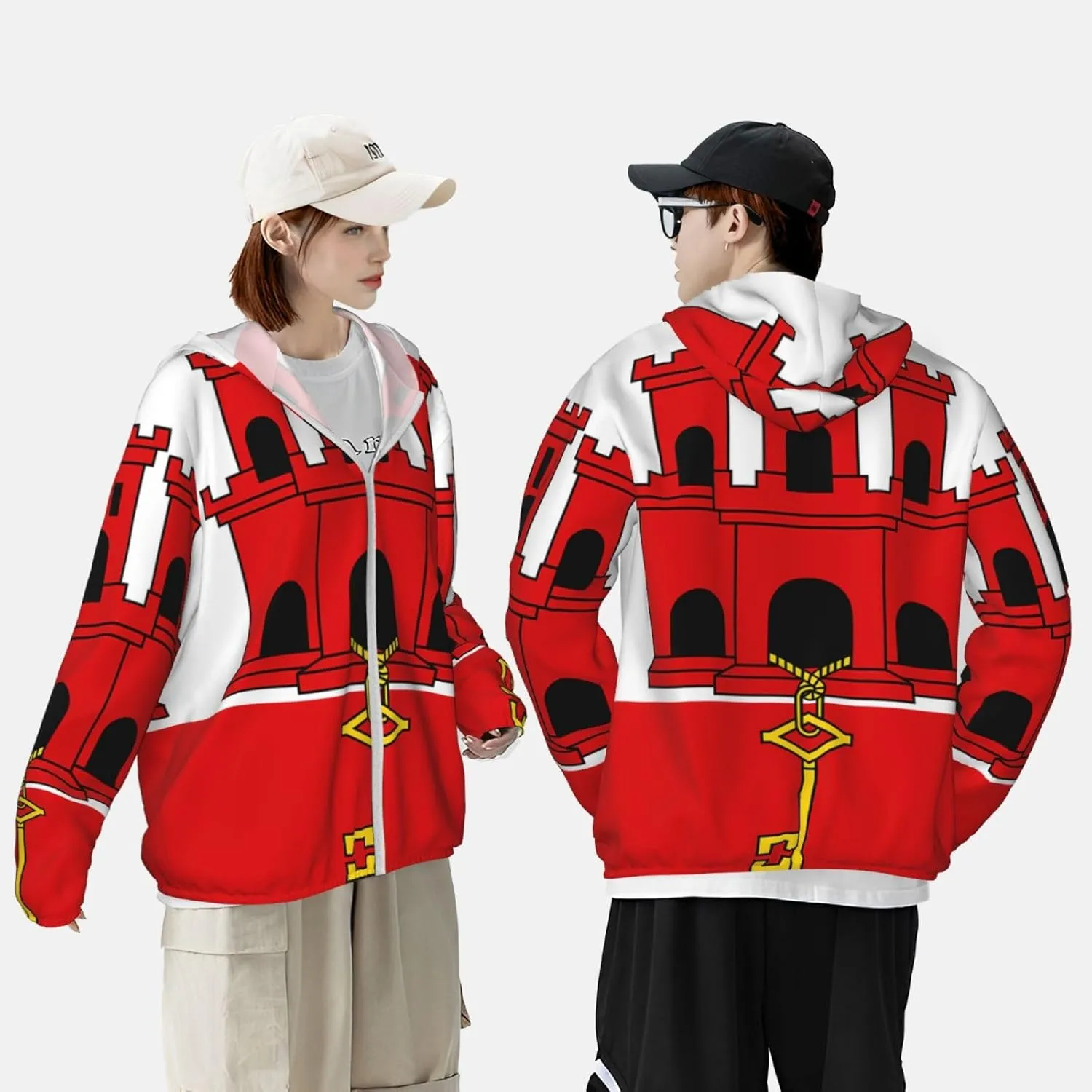 Lightweight UV Protection Sun Jacket, Flag of Gibraltar Print Sportswear Hooded Sunblock Shirt for Outdoor