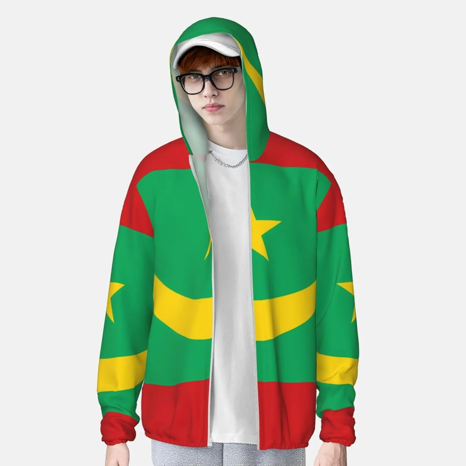 Lightweight UV Protection Sun Jacket, Flag of Mauritania Print Sportswear Hooded Sunblock Shirt for Outdoor