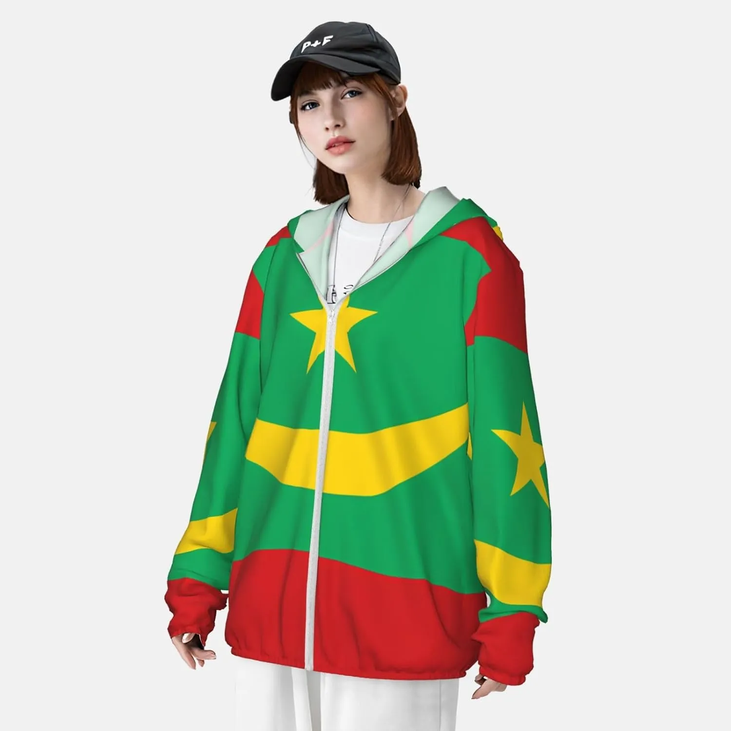 Lightweight UV Protection Sun Jacket, Flag of Mauritania Print Sportswear Hooded Sunblock Shirt for Outdoor