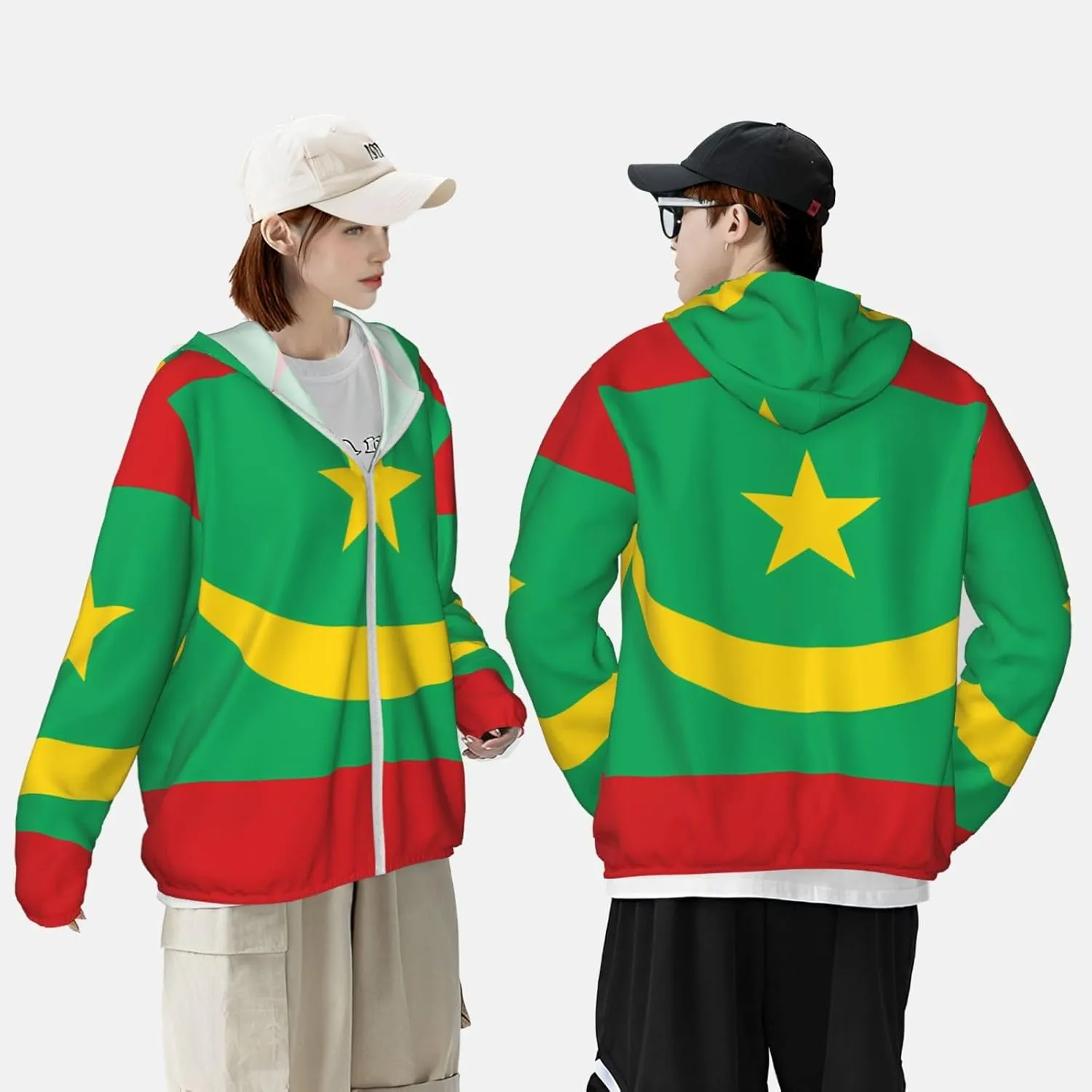 Lightweight UV Protection Sun Jacket, Flag of Mauritania Print Sportswear Hooded Sunblock Shirt for Outdoor