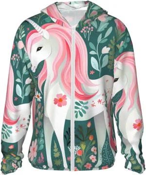 Lightweight UV Protection Sun Jacket, Unicorn with pink hair Print Sportswear Hooded Sunblock Shirt for Outdoor