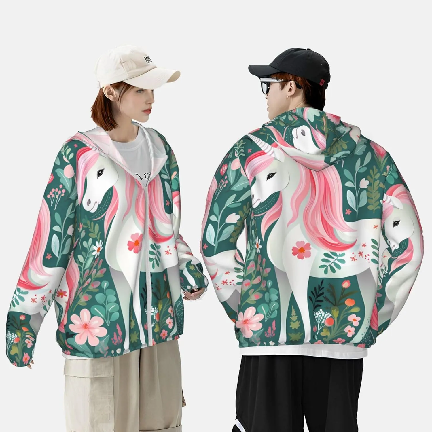 Lightweight UV Protection Sun Jacket, Unicorn with pink hair Print Sportswear Hooded Sunblock Shirt for Outdoor