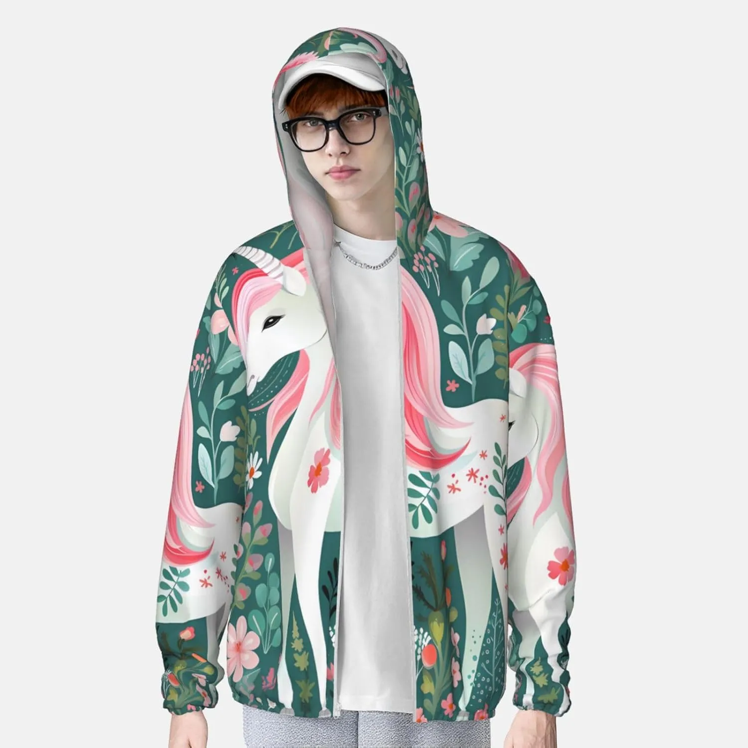 Lightweight UV Protection Sun Jacket, Unicorn with pink hair Print Sportswear Hooded Sunblock Shirt for Outdoor