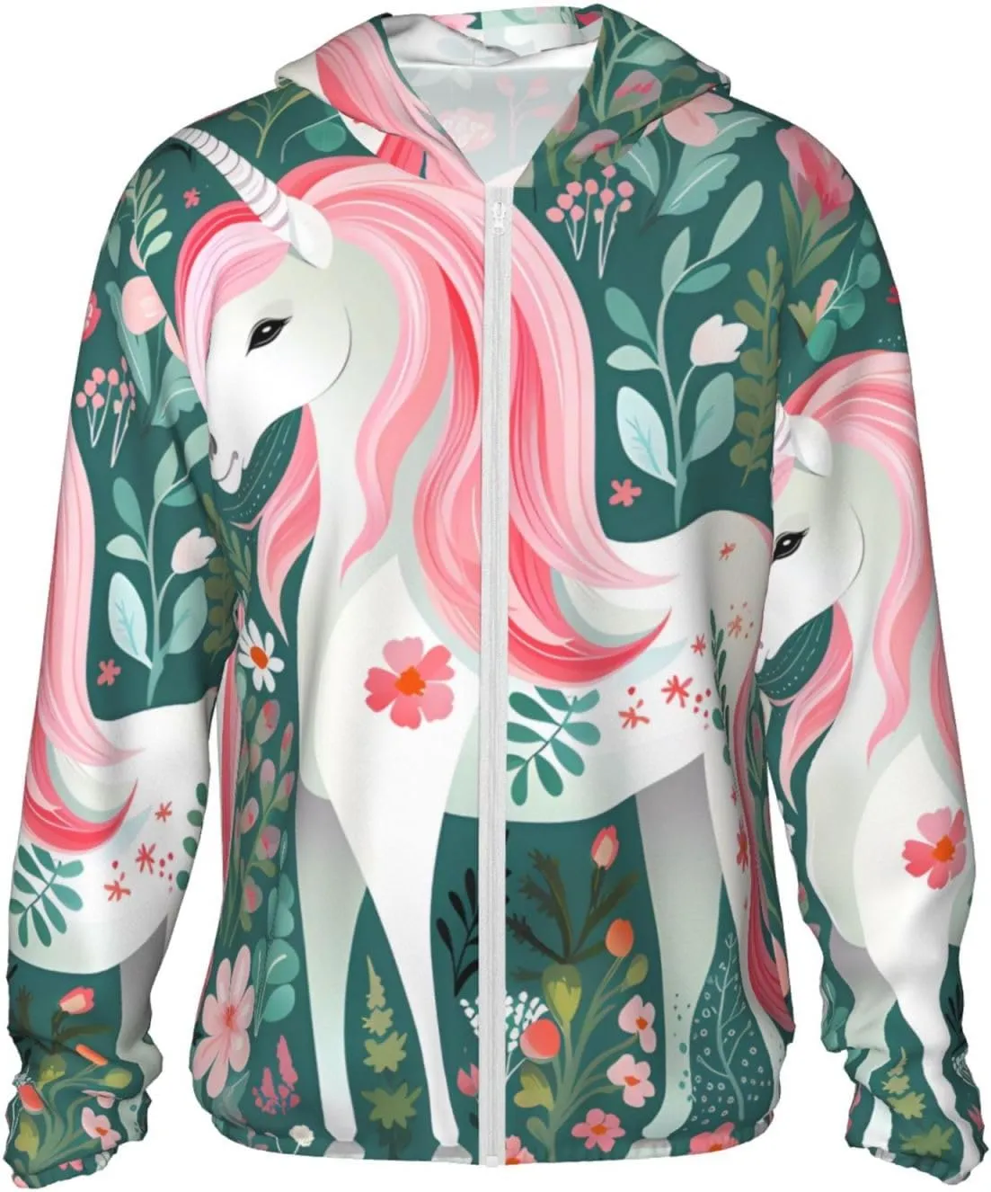 Lightweight UV Protection Sun Jacket, Unicorn with pink hair Print Sportswear Hooded Sunblock Shirt for Outdoor