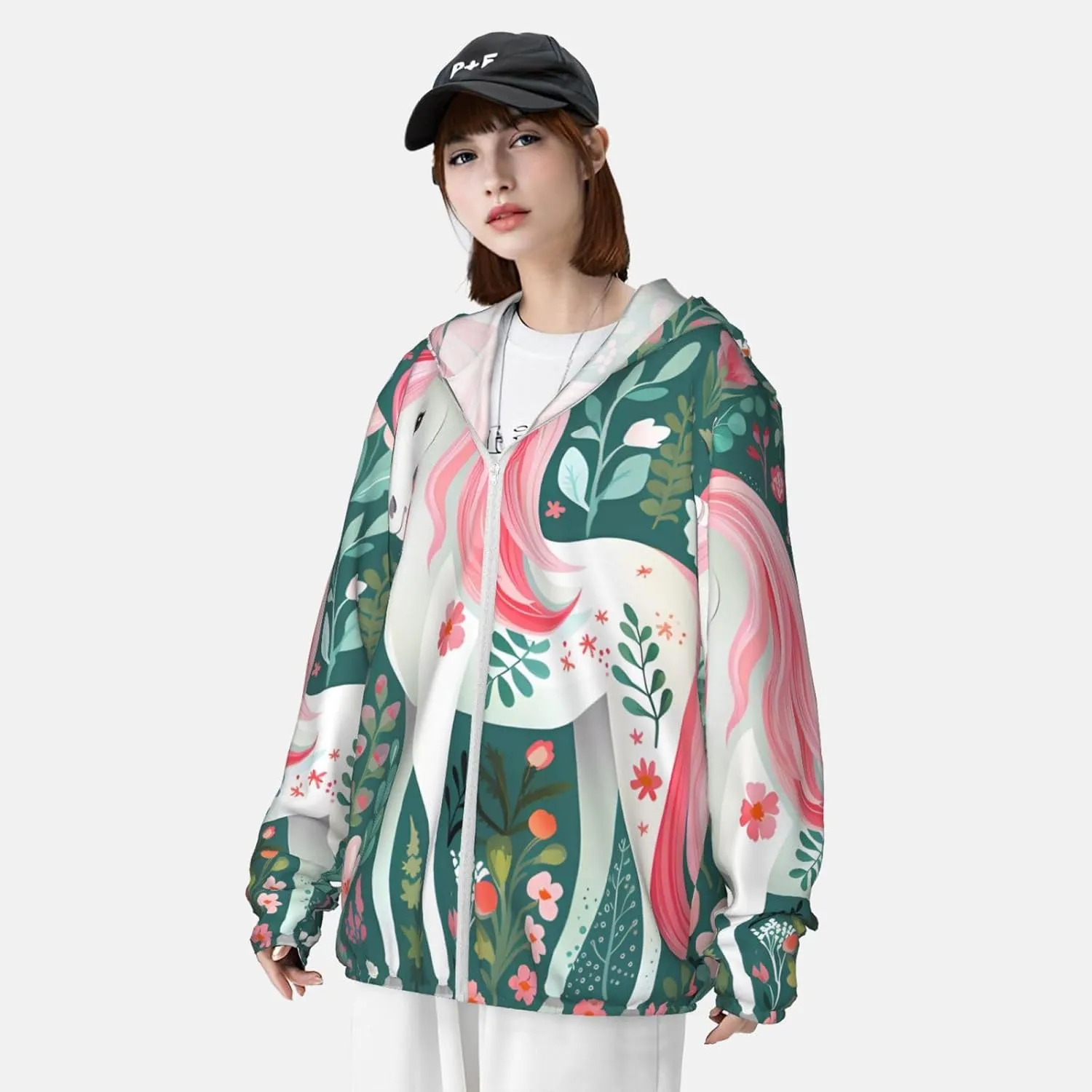 Lightweight UV Protection Sun Jacket, Unicorn with pink hair Print Sportswear Hooded Sunblock Shirt for Outdoor