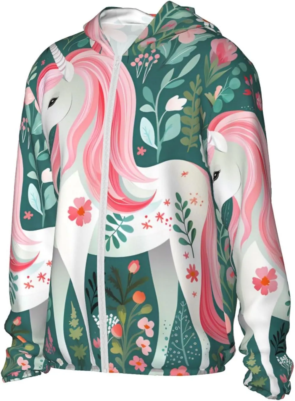 Lightweight UV Protection Sun Jacket, Unicorn with pink hair Print Sportswear Hooded Sunblock Shirt for Outdoor