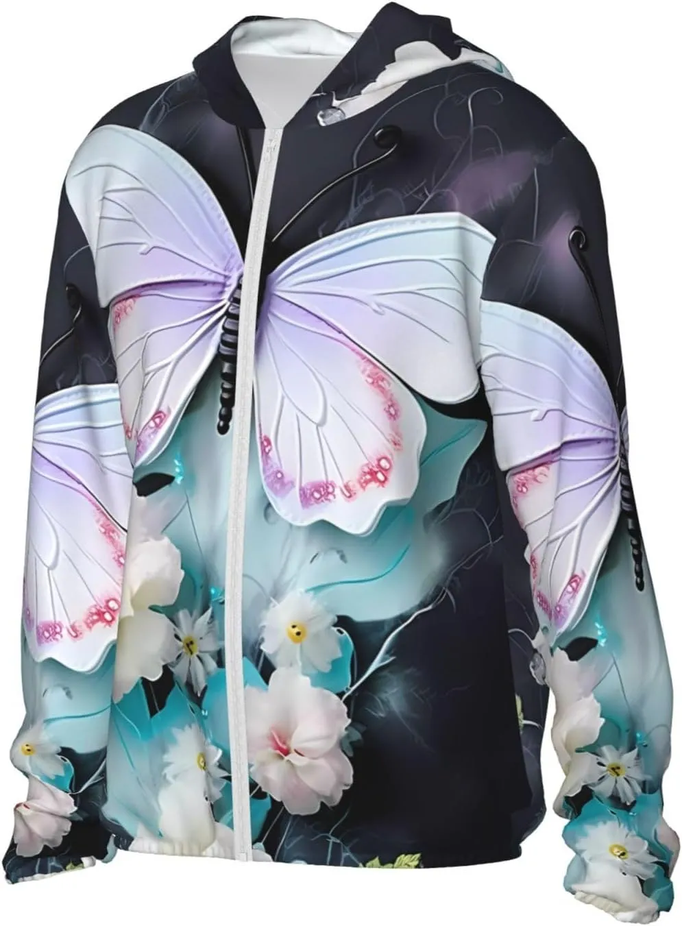 Lightweight UV Protection Sun Jacket, White Butterfly Print Sportswear Hooded Sunblock Shirt for Outdoor