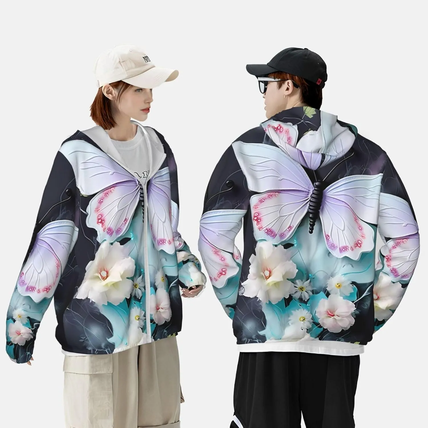 Lightweight UV Protection Sun Jacket, White Butterfly Print Sportswear Hooded Sunblock Shirt for Outdoor