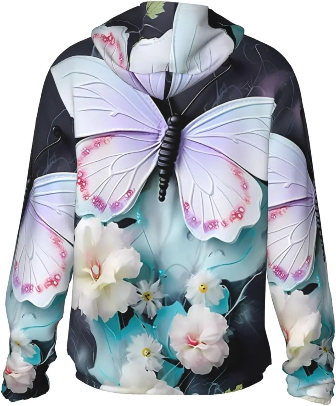 Lightweight UV Protection Sun Jacket, White Butterfly Print Sportswear Hooded Sunblock Shirt for Outdoor