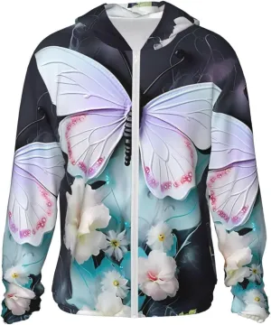 Lightweight UV Protection Sun Jacket, White Butterfly Print Sportswear Hooded Sunblock Shirt for Outdoor