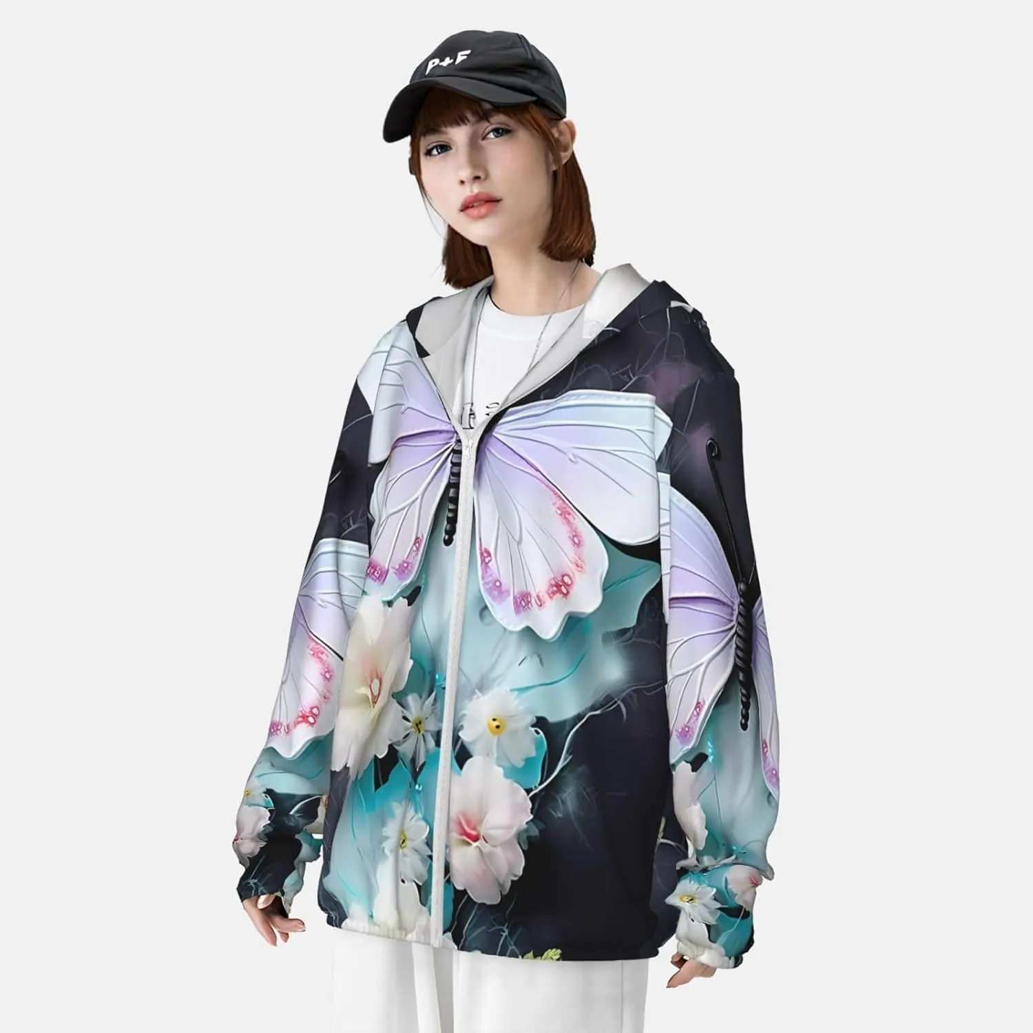 Lightweight UV Protection Sun Jacket, White Butterfly Print Sportswear Hooded Sunblock Shirt for Outdoor