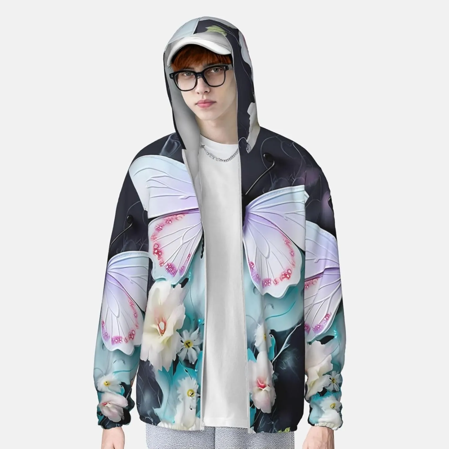 Lightweight UV Protection Sun Jacket, White Butterfly Print Sportswear Hooded Sunblock Shirt for Outdoor