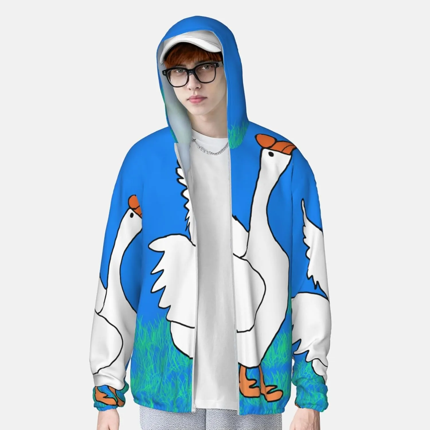 Lightweight UV Protection Sun Jacket, White Goose Spread Wings Print Sportswear Hooded Sunblock Shirt for Outdoor